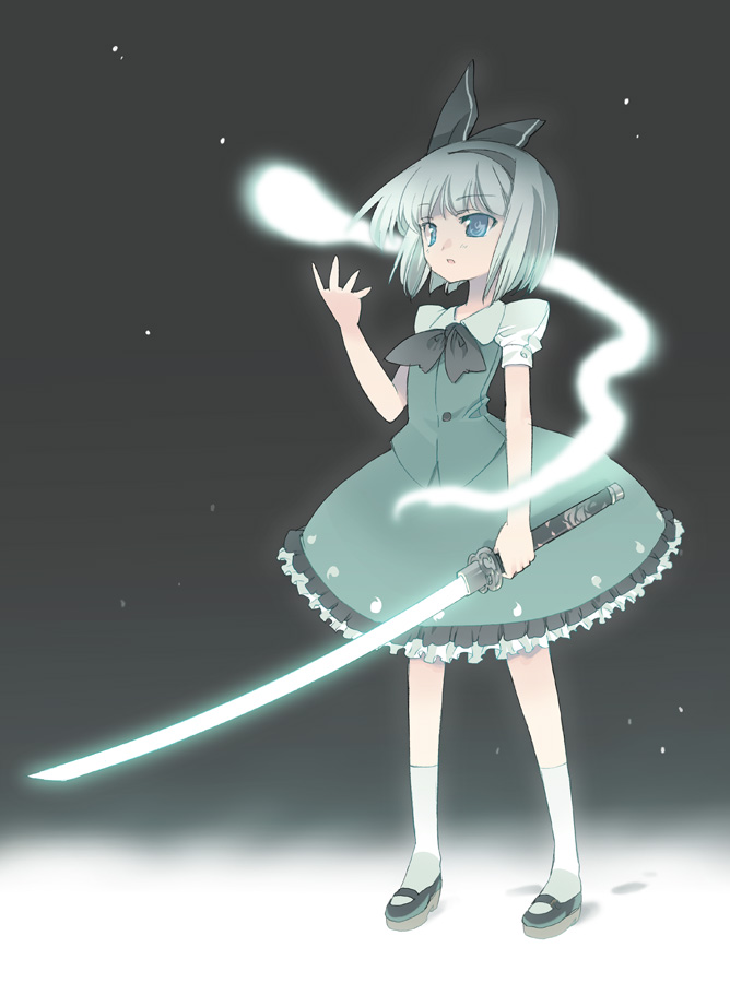 blade (galaxist), konpaku youmu, konpaku youmu (ghost), touhou, silver hair, bad id, bad pixiv id, 1girl, blue eyes, blunt bangs, bob cut, dress, female focus, katana, looking up, mary janes, shoes, short hair, snow, solo, standing, sword, weapon