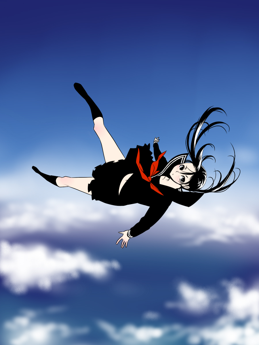 makuro, bad id, bad pixiv id, highres, falling, long hair, school uniform, serafuku, sky, socks, solo, twintails
