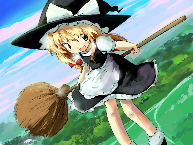 neki-t, kirisame marisa, touhou, 1girl, black hat, blonde hair, broom, broom riding, day, female focus, hat, landscape, ribbon, sidesaddle, sky, solo