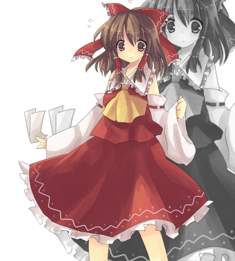 kobato (artist), morinaga kobato, tsubame (artist), hakurei reimu, touhou, bad id, bad pixiv id, 1girl, brown eyes, brown hair, detached sleeves, female focus, japanese clothes, miko, ofuda, ribbon, solo, zoom layer