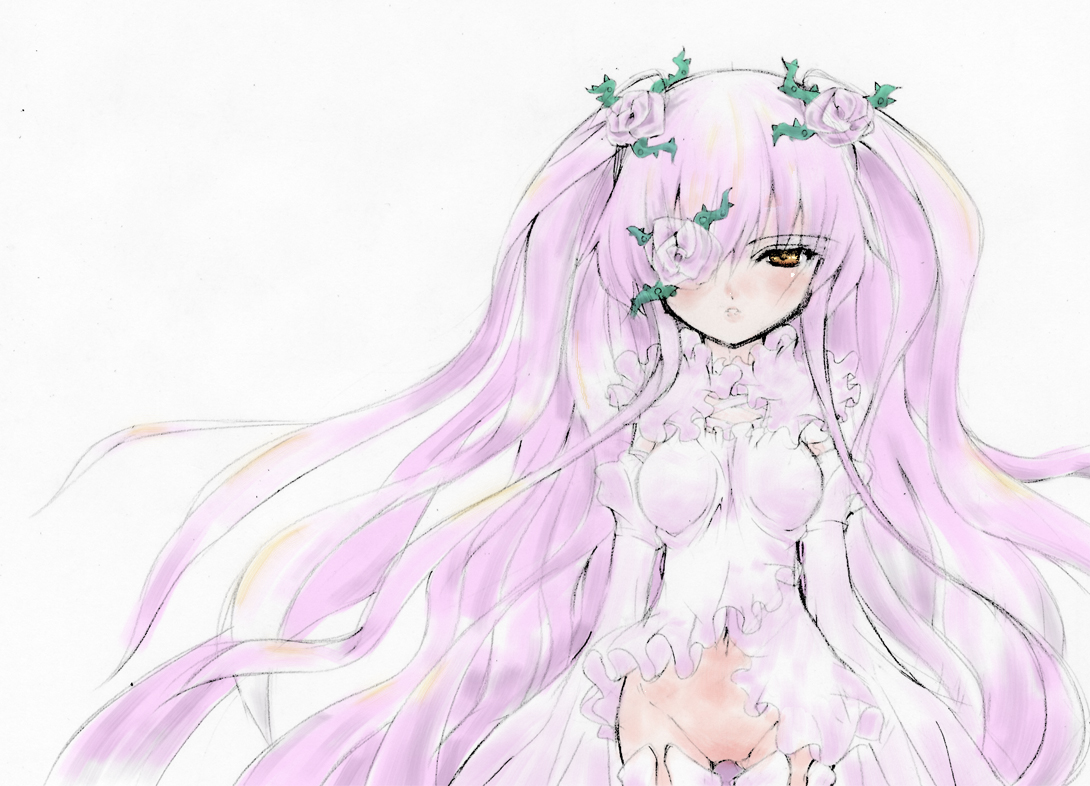 kirakishou, rozen maiden, bad id, bad pixiv id, 00s, blush, dress, eyepatch, flower, long hair, no panties, no pussy, pink hair, solo, yellow eyes