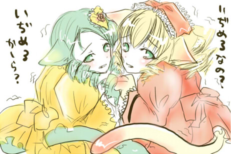 hinaichigo, kanaria, rozen maiden, lowres, 00s, animal ears, blonde hair, blush, cat ears, green eyes, green hair, ribbon, tears