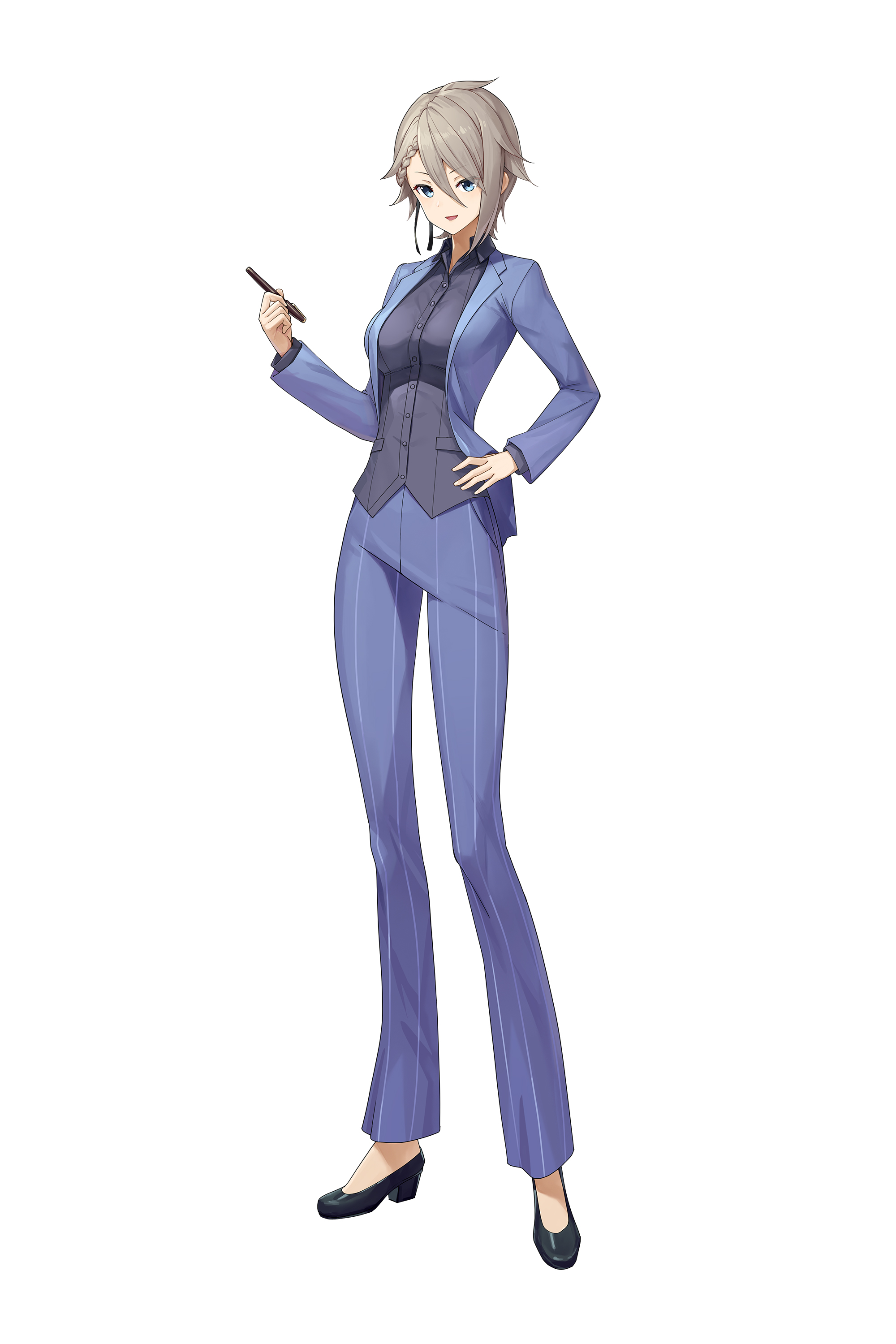 mytea (soso), ange (princess principal), princess principal, absurdres, commentary request, commission, highres, skeb commission, 1girl, :d, alternate costume, black shirt, blue eyes, blue jacket, blue pants, blue suit, breasts, brown hair, formal clothes, full body, holding, holding pencil, jacket, looking at viewer, medium breasts, open mouth, pant suit, pants, pencil, shirt, short hair, smile, solo, standing, suit, very short hair, white background