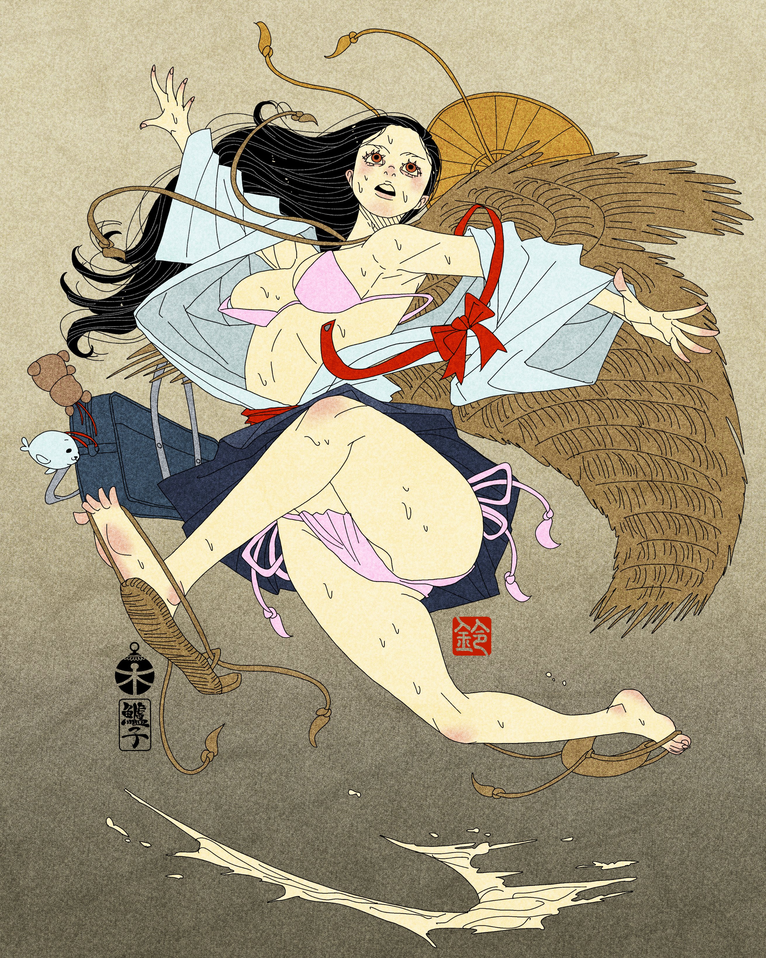 sei5osuzuki, original, absurdres, highres, tagme, 1girl, ajirogasa, bag, bikini, black hair, hat, japanese clothes, kimono, long hair, looking up, open mouth, panties, red eyes, ribbon, string, string bikini, string bra, string panties, stuffed animal, stuffed toy, sweat, swimsuit, teddy bear, underwear