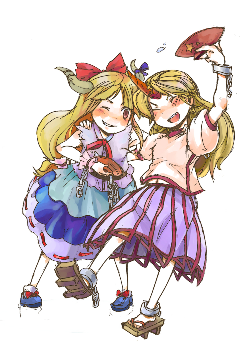 rotan, hoshiguma yuugi, ibuki suika, touhou, bad id, bad pixiv id, highres, 2girls, blonde hair, bow, chain, closed eyes, cuffs, cup, female focus, footwear bow, geta, grin, hair bow, horn ornament, horn ribbon, horns, long hair, multiple girls, one eye closed, oni, orange eyes, puffy short sleeves, puffy sleeves, ribbon, sakazuki, shackles, shoes, short sleeves, single horn, sleeveless, smile, socks, star (symbol), white background, wrist cuffs