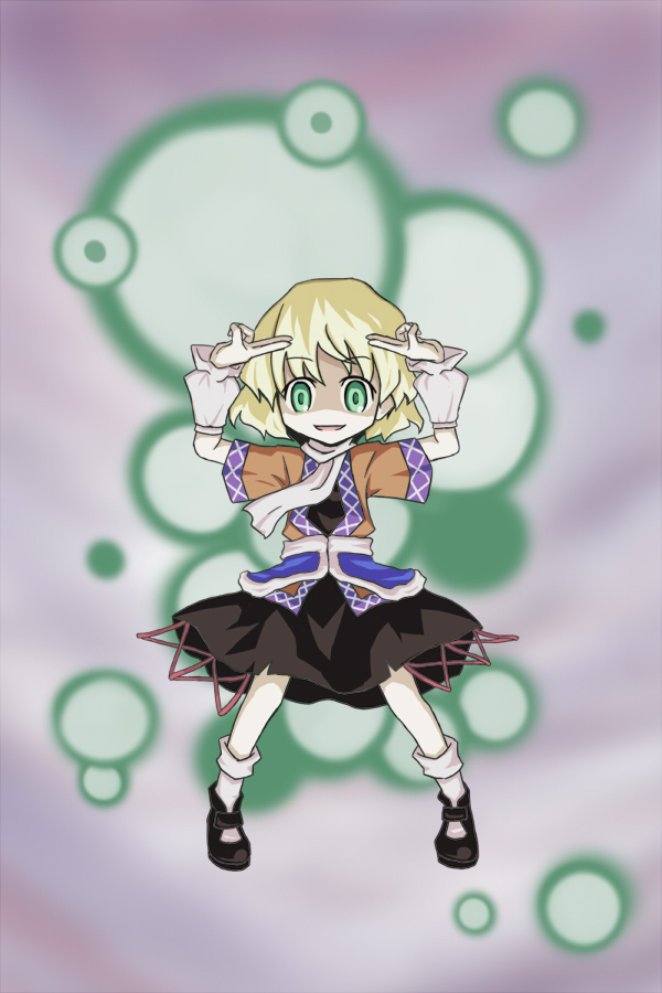 aratami isse, mizuhashi parsee, touhou, 1girl, blonde hair, danmaku, female focus, full body, green eyes, scarf, short hair, socks, solo