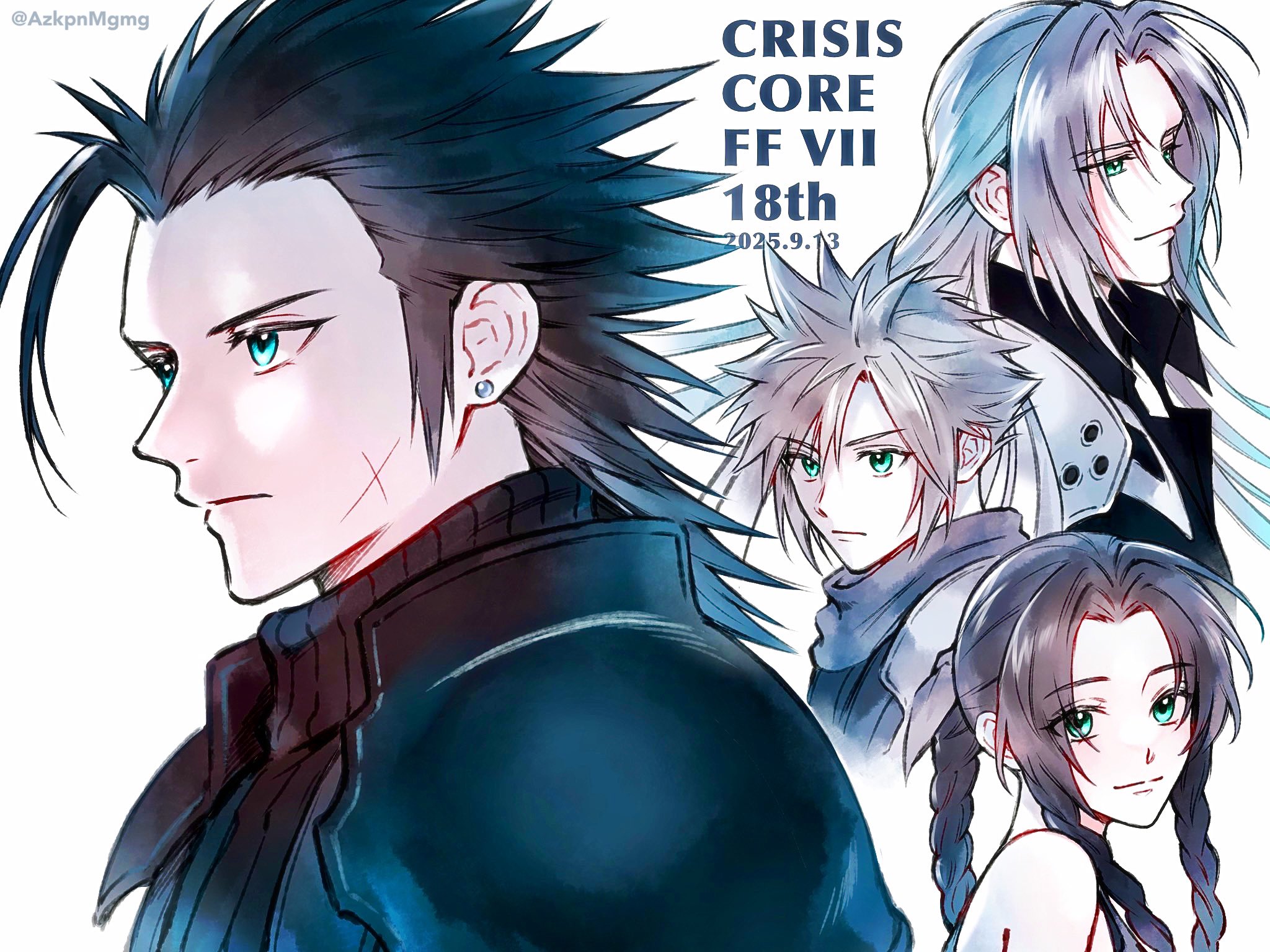 3wa tari, aerith gainsborough, cloud strife, sephiroth, zack fair, crisis core final fantasy vii, final fantasy, final fantasy vii, highres, 1girl, 3boys, anniversary, aqua eyes, armor, black coat, black hair, blonde hair, braid, braided ponytail, brown hair, coat, copyright name, cross scar, dated, dress, earrings, facial scar, green eyes, grey hair, hair between eyes, hair ribbon, hair slicked back, jewelry, light smile, long hair, multiple boys, parted bangs, pauldrons, ribbon, scar, scar on cheek, scar on face, scarf, shinra infantry uniform, short hair, shoulder armor, sideburns, sidelocks, single braid, single earring, single pauldron, sleeveless, sleeveless dress, spiked hair, turtleneck, twitter username, upper body, white background