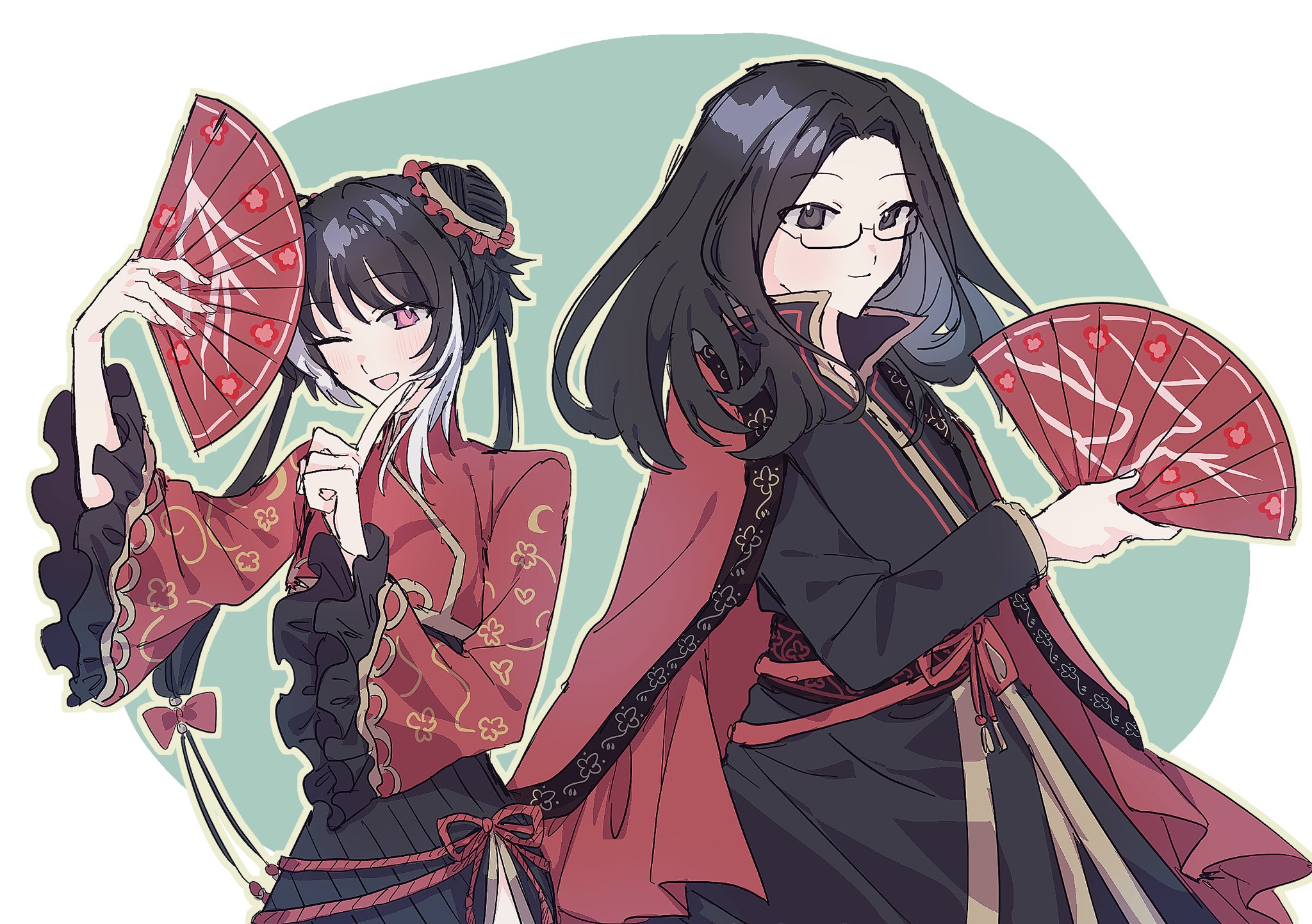 xxed h, jia xichun (project moon), limbus company, project moon, highres, 1boy, 1girl, black dress, black eyes, black hair, black shirt, chinese clothes, coat, coat on shoulders, double bun, dress, glasses, hair bun, hand fan, long hair, long sleeves, looking at viewer, multicolored hair, one eye closed, open mouth, pink eyes, red coat, red shrug, shirt, simple background, standing, streaked hair, twintails, upper body, wei (project moon), white background