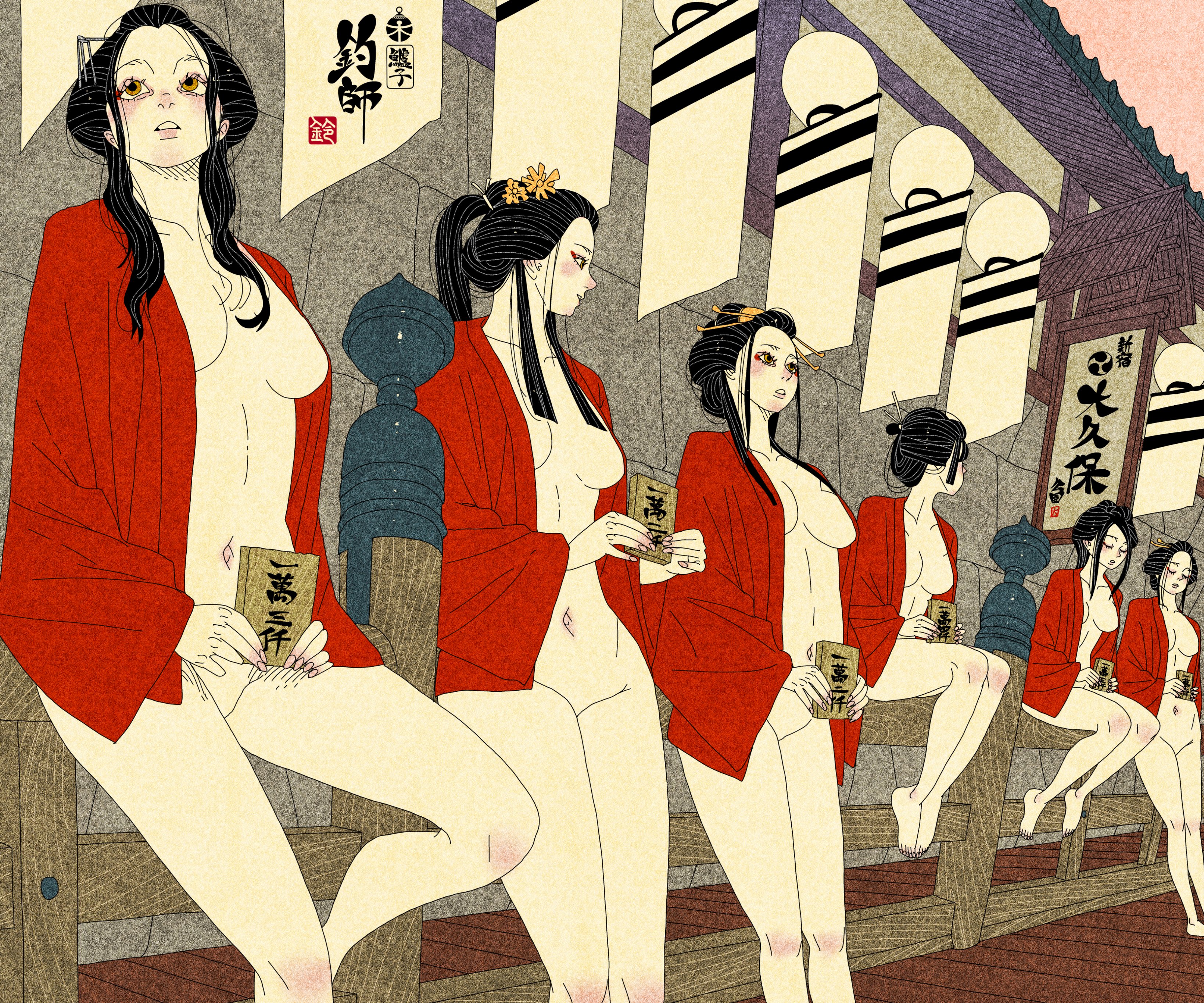 sei5osuzuki, original, absurdres, highres, tagme, 6+girls, black hair, breasts, closed eyes, covering privates, hair ornament, leaning back, long hair, looking at another, medium breasts, multiple girls, nude cover, open mouth, parted lips, porch, stomach, yellow eyes