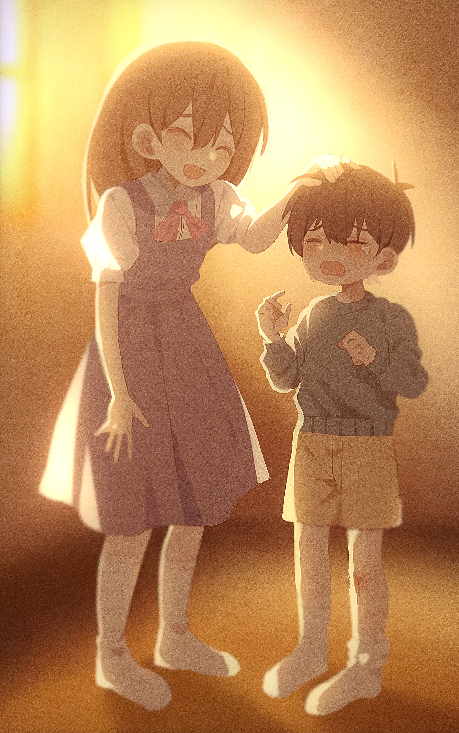 my loleeta, mari (faraway) (omori), mari (omori), sunny (omori), omori, absurdres, highres, revision, 1boy, 1girl, aged down, antenna hair, blurry, blurry background, brother and sister, brown shorts, collared shirt, crying, double-parted bangs, headphones, long hair, long sleeves, shirt, short hair, shorts, siblings, socks, sweater, white shirt, white socks
