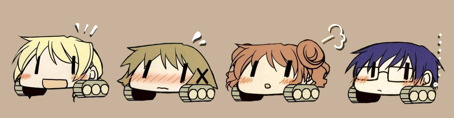 hiro (hidamari sketch), miyako (hidamari sketch), sae (hidamari sketch), yuno (hidamari sketch), hidamari sketch, yawaraka sensha, vehicle, long image, wide image, caterpillar tracks, chibi, military, military vehicle, motor vehicle, no humans, parody, tank, wide face