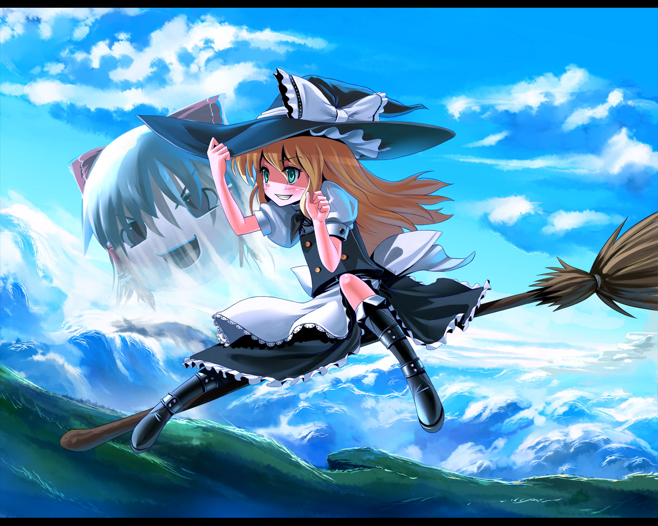 patorishia, hakurei reimu, kirisame marisa, team shanghai alice, touhou, 1girl, black boots, blonde hair, blue eyes, boots, broom, broom riding, cloud, day, female focus, flying, green eyes, hand on headwear, hat, knee boots, letterboxed, long hair, sidesaddle, sky, solo, witch, witch hat, yukkuri shiteitte ne