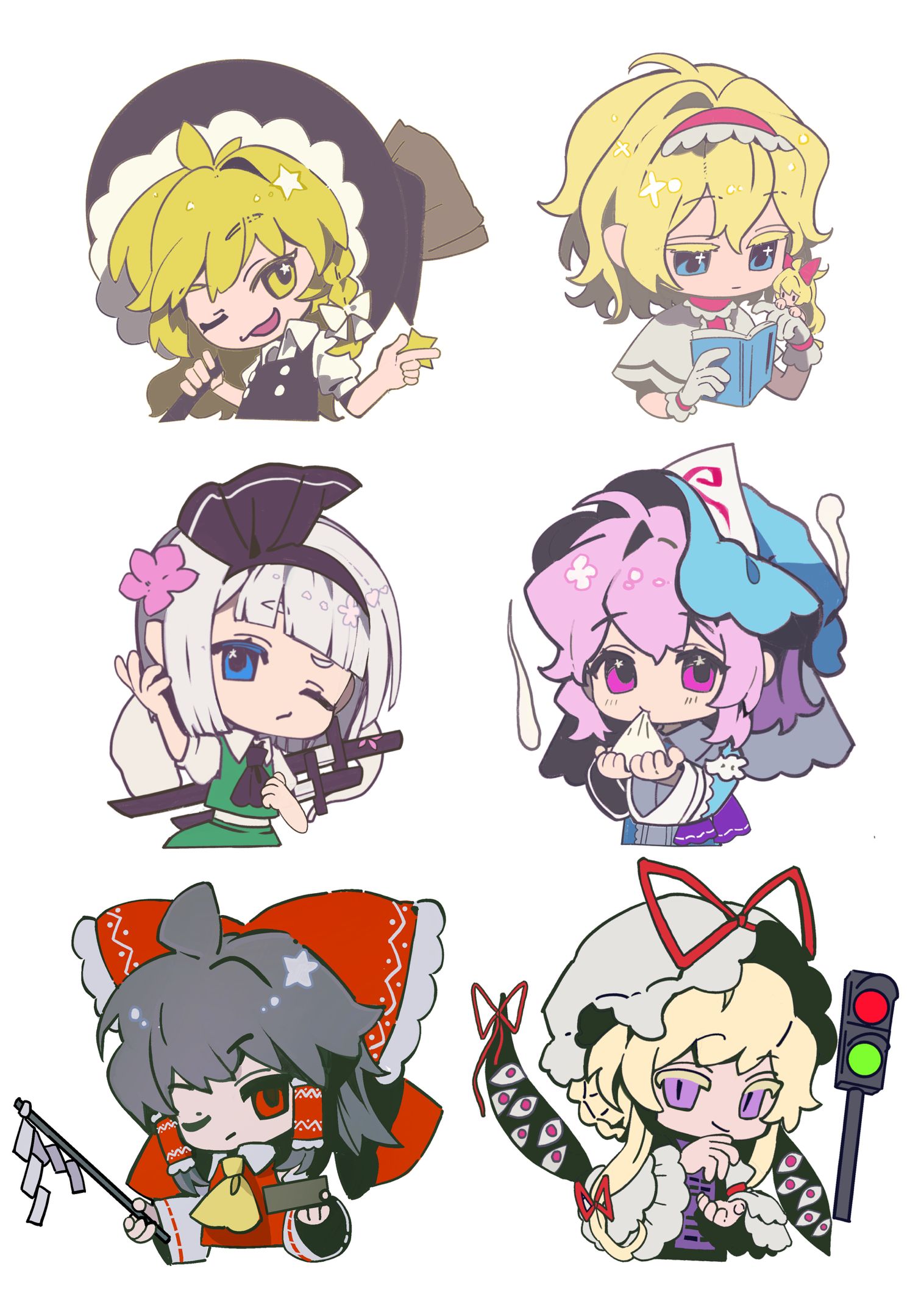 xian qishui, alice margatroid, hakurei reimu, kirisame marisa, konpaku youmu, konpaku youmu (ghost), saigyouji yuyuko, shanghai doll, yakumo yukari, touhou, highres, 6+girls, :/, black hair, black vest, blonde hair, blue eyes, blue kimono, book, bow, braid, broom, capelet, chibi, closed mouth, detached sleeves, doll, dress, eating, expressionless, frills, gap (touhou), gloves, gohei, green skirt, green vest, hair ribbon, hair tubes, hairband, hat, hitodama, holding, holding book, holding broom, holding gohei, japanese clothes, katana, kimono, lolita hairband, long hair, long sleeves, looking at viewer, medium hair, mob cap, multiple girls, one eye closed, open mouth, pink eyes, pink hair, purple eyes, purple tabard, red bow, red eyes, red shirt, ribbon, shirt, short sleeves, skirt, smile, sword, tabard, upper body, vest, weapon, white background, white capelet, white dress, white gloves, white hair, white shirt, witch hat, yellow eyes