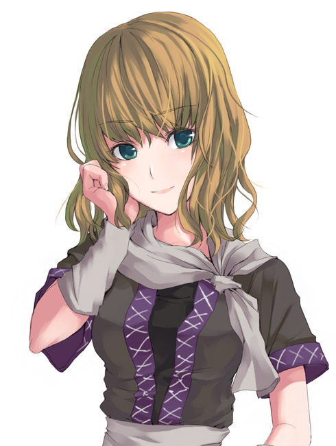 unasaka ryou, mizuhashi parsee, touhou, 1girl, aqua eyes, arm warmers, blonde hair, female focus, short hair, simple background, solo, upper body, white background
