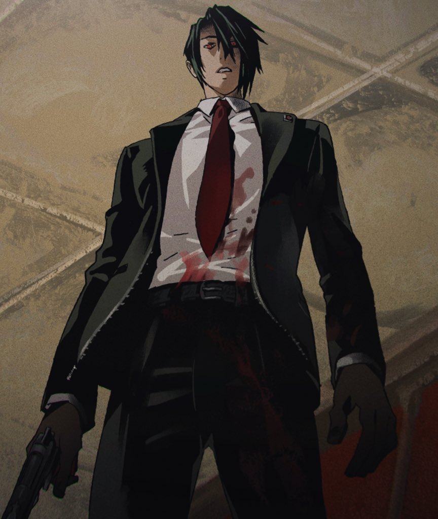 200 percent, vincent valentine, final fantasy, final fantasy vii, belt, black belt, black gloves, black hair, black jacket, black pants, blood, blood on clothes, ceiling, collared shirt, cowboy shot, gloves, gun, hair between eyes, handgun, holding, holding gun, holding weapon, jacket, looking at viewer, necktie, pants, parted lips, red eyes, red necktie, shirt, short hair, suit jacket, tile ceiling, tiles, weapon, white shirt
