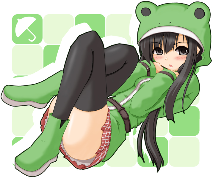 kokorono arika, original, animal costume, black hair, blush, boots, frog costume, green boots, grey eyes, skirt, solo, thighhighs
