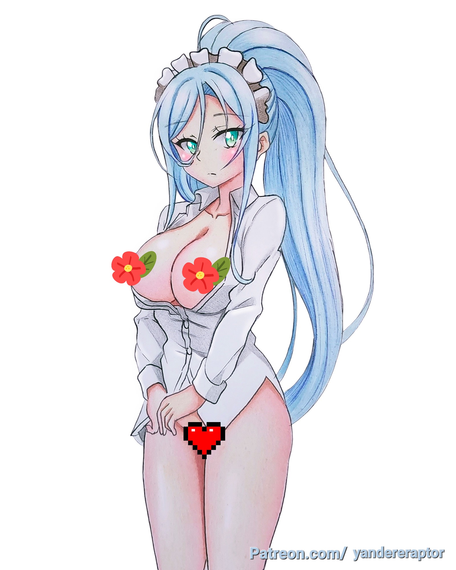 yandereraptor, sylpha langlis, tensei shitara dai nana oji datta no de: kimama ni majutsu o kiwamemasu, colored pencil (medium), highres, photo (medium), traditional media, 1girl, averting eyes, blue eyes, blue hair, blush, breasts, censored, cleavage, closed mouth, completely nude, groin, hair between eyes, heart, heart censor, large breasts, long hair, looking at viewer, looking to the side, maid headdress, naked shirt, navel, novelty censor, nude, partially unbuttoned, ponytail, shirt, simple background, solo, stomach, very long hair, watermark, web address, white background, white headdress, white shirt