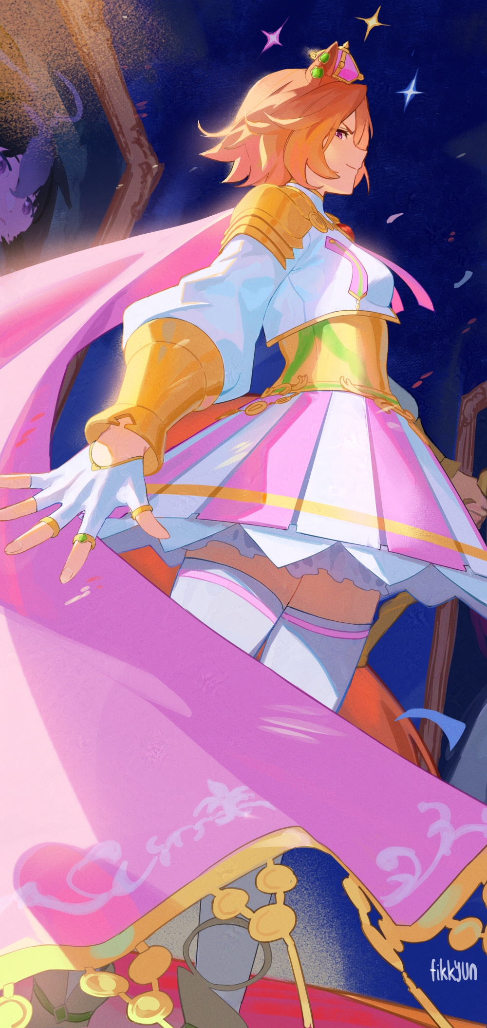 fikkyun, t.m. opera o (umamusume), umamusume, highres, 1girl, animal ears, armor, boots, breasts, cane, cape, closed mouth, corset, crown, ear piercing, feet out of frame, fingerless gloves, foreshortening, from side, gloves, holding, holding cane, horse ears, horse girl, horse tail, long sleeves, looking at viewer, mini crown, orange hair, petticoat, piercing, pink cape, profile, puffy long sleeves, puffy sleeves, purple eyes, shirt, short hair, shoulder armor, sideways glance, signature, skirt, small breasts, smile, solo, sparkle, standing, tail, thighhighs, two-tone skirt, v-shaped eyebrows, white gloves, white shirt, white skirt, white thighhighs