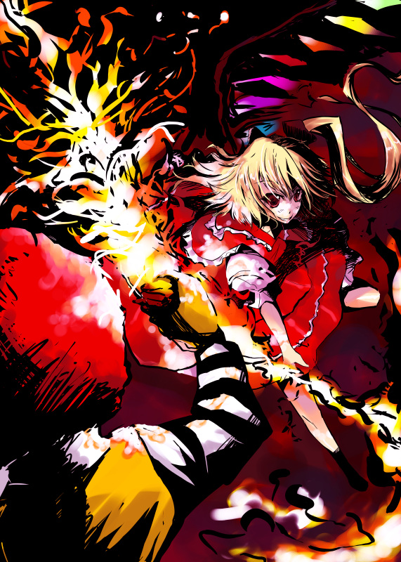 tamaki fuyu, flandre scarlet, ronald mcdonald, mcdonald's, touhou, 1boy, 1girl, battle, blonde hair, crossover, crystal, demon wings, dress, fire, holding, red dress, shaded face, side ponytail, stick, vampire, wings