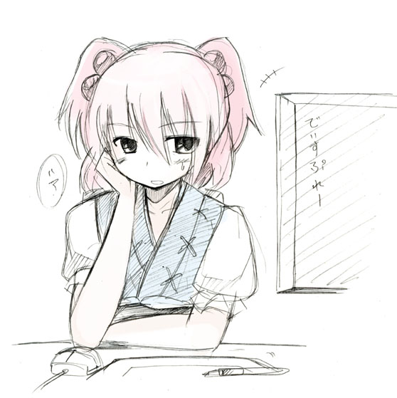 seo tatsuya, onozuka komachi, touhou, 1girl, blue dress, blush, dress, female focus, hair bobbles, hair ornament, hand on own cheek, hand on own face, indoors, looking at viewer, puffy short sleeves, puffy sleeves, red hair, short hair, short sleeves, sketch, solo, table, twintails, two side up, upper body