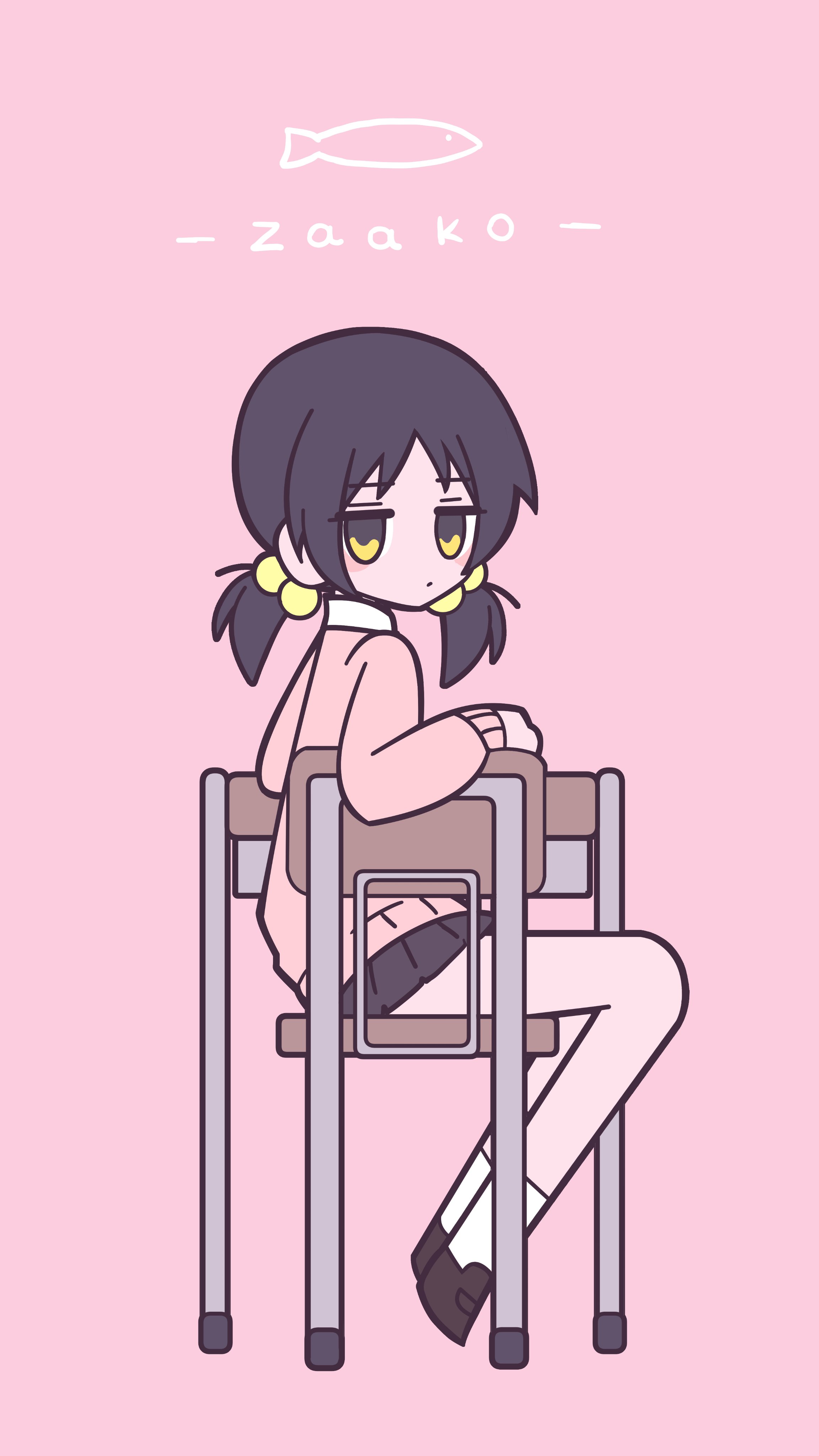 goldiedood, kaai yuki, vocaloid, zako (vocaloid), absurdres, highres, 1girl, black hair, black skirt, brown shoes, cardigan, chair, channel (caststation) (style), closed mouth, desk, expressionless, fish, from behind, jitome, looking at viewer, parody, pink background, pink cardigan, pleated skirt, school chair, school desk, school uniform, shoes, short twintails, simple background, sitting, skirt, socks, song name, style parody, twintails, white socks, yellow eyes