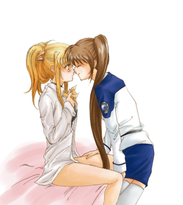 lina (interlude), fate testarossa, takamachi nanoha, lyrical nanoha, mahou shoujo lyrical nanoha, mahou shoujo lyrical nanoha strikers, 00s, 2girls, bed, multiple girls, thighhighs, yuri