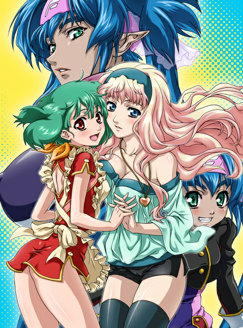 iyou, yukkyun, klan klein, ranka lee, sheryl nome, macross, macross frontier, 00s, 3girls, ass, backless outfit, bare shoulders, blonde hair, blue eyes, blue hair, blush, breast press, breasts, cleavage, covered erect nipples, dual persona, green eyes, green hair, hairband, headband, large breasts, long hair, medium breasts, miniskirt, multiple girls, off shoulder, open mouth, pointy ears, red eyes, shiny skin, short hair, skirt, small breasts, thighhighs, thighs, twintails, very long hair