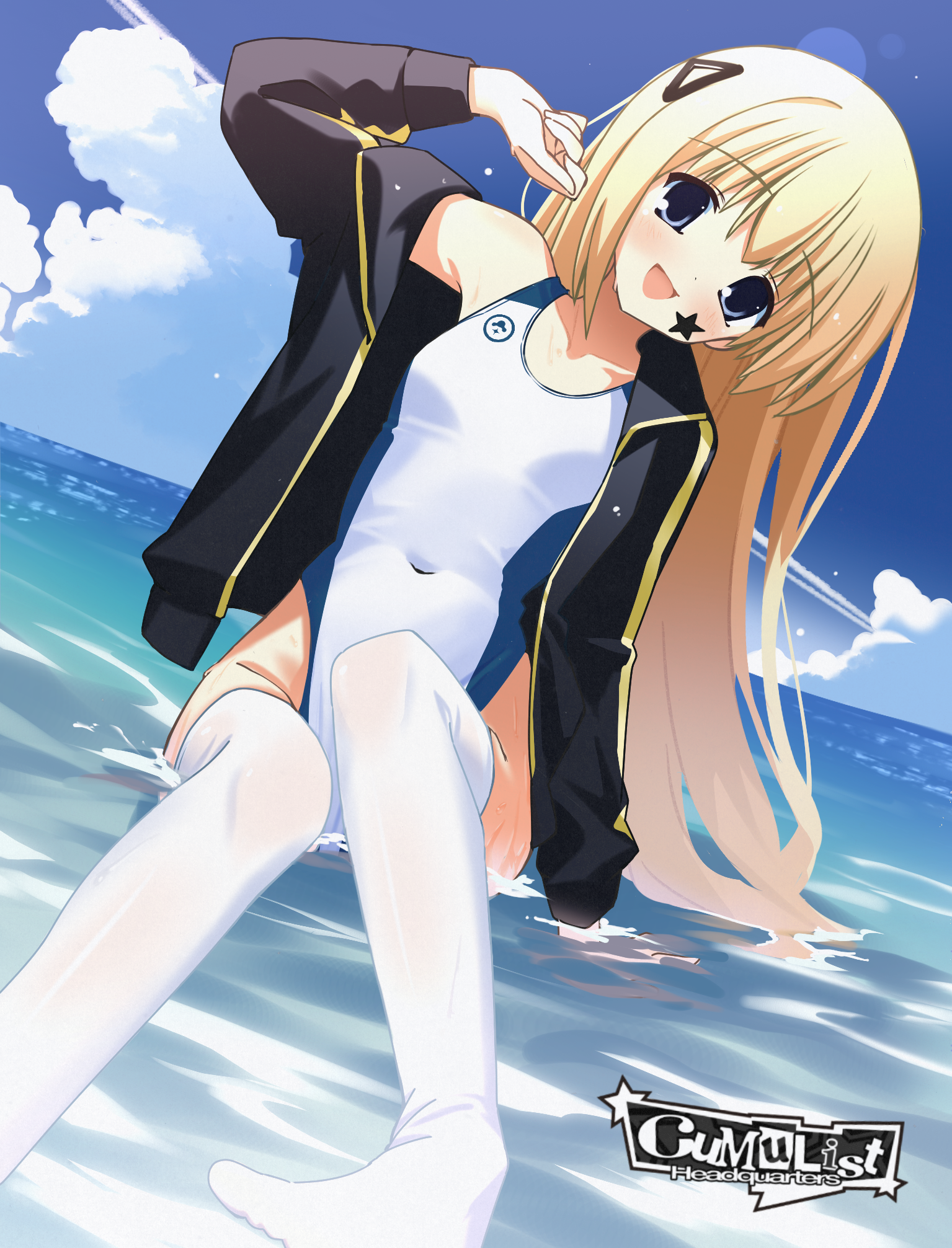 cosgaso, original, highres, 1girl, black jacket, blonde hair, blue sky, breasts, cloud, competition swimsuit, covered navel, day, dutch angle, feet out of frame, grey eyes, highleg, highleg one-piece swimsuit, horizon, jacket, leaning to the side, long hair, ocean, one-piece swimsuit, open clothes, open jacket, outdoors, sky, small breasts, smile, solo, swimsuit, thighhighs, white one-piece swimsuit, white thighhighs