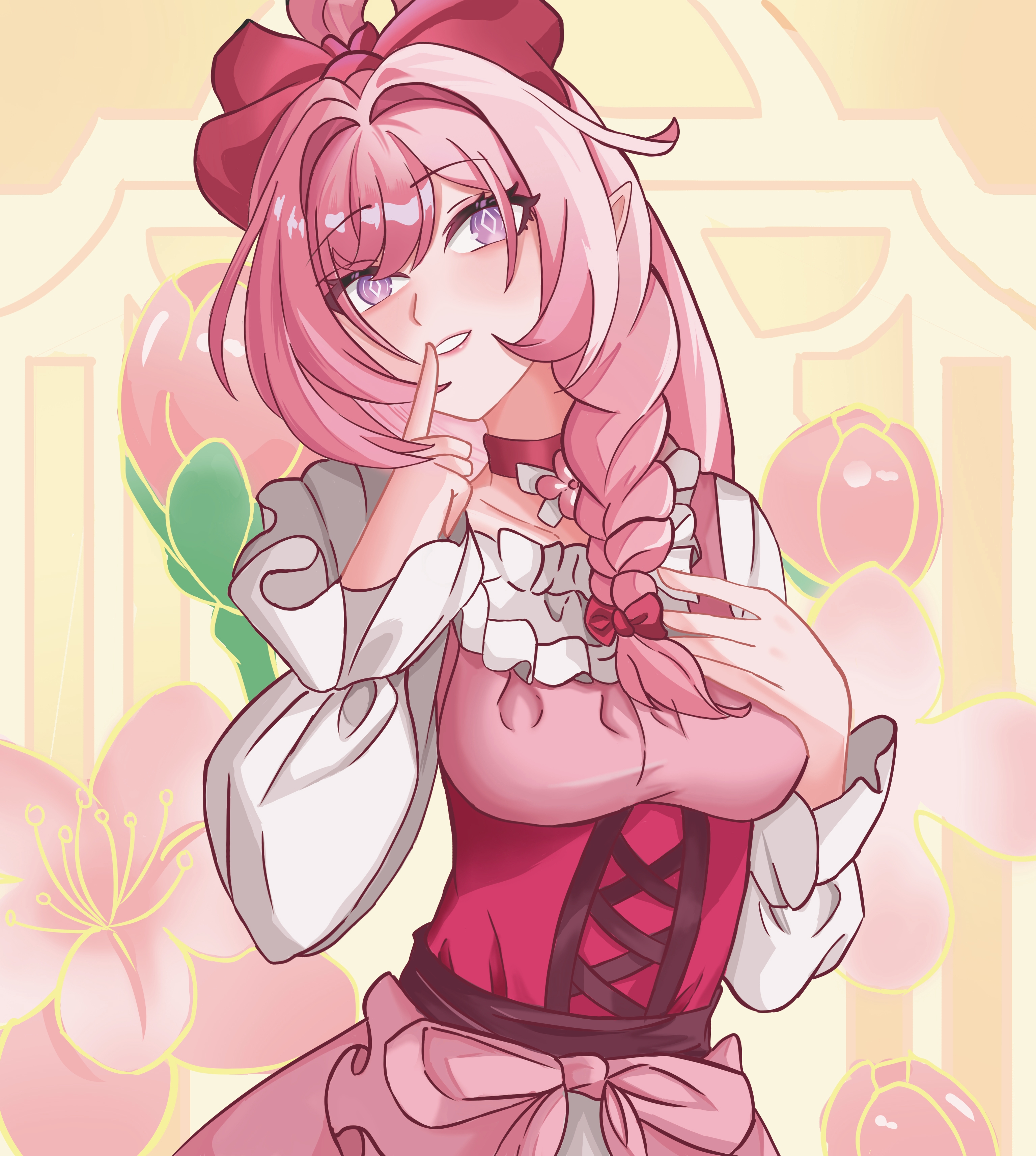 elysia (herrscher of human: ego) (honkai impact), elysia (honkai impact), honkai (series), honkai impact 3rd, absurdres, chinese commentary, commentary request, highres, 1girl, braid, diamond-shaped pupils, diamond (shape), dress, elf, finger to mouth, floral background, hair ribbon, lingtai64567, long hair, official alternate costume, pink dress, pink hair, pointy ears, purple eyes, red ribbon, ribbon, shushing, single braid, solo, symbol-shaped pupils, very long hair
