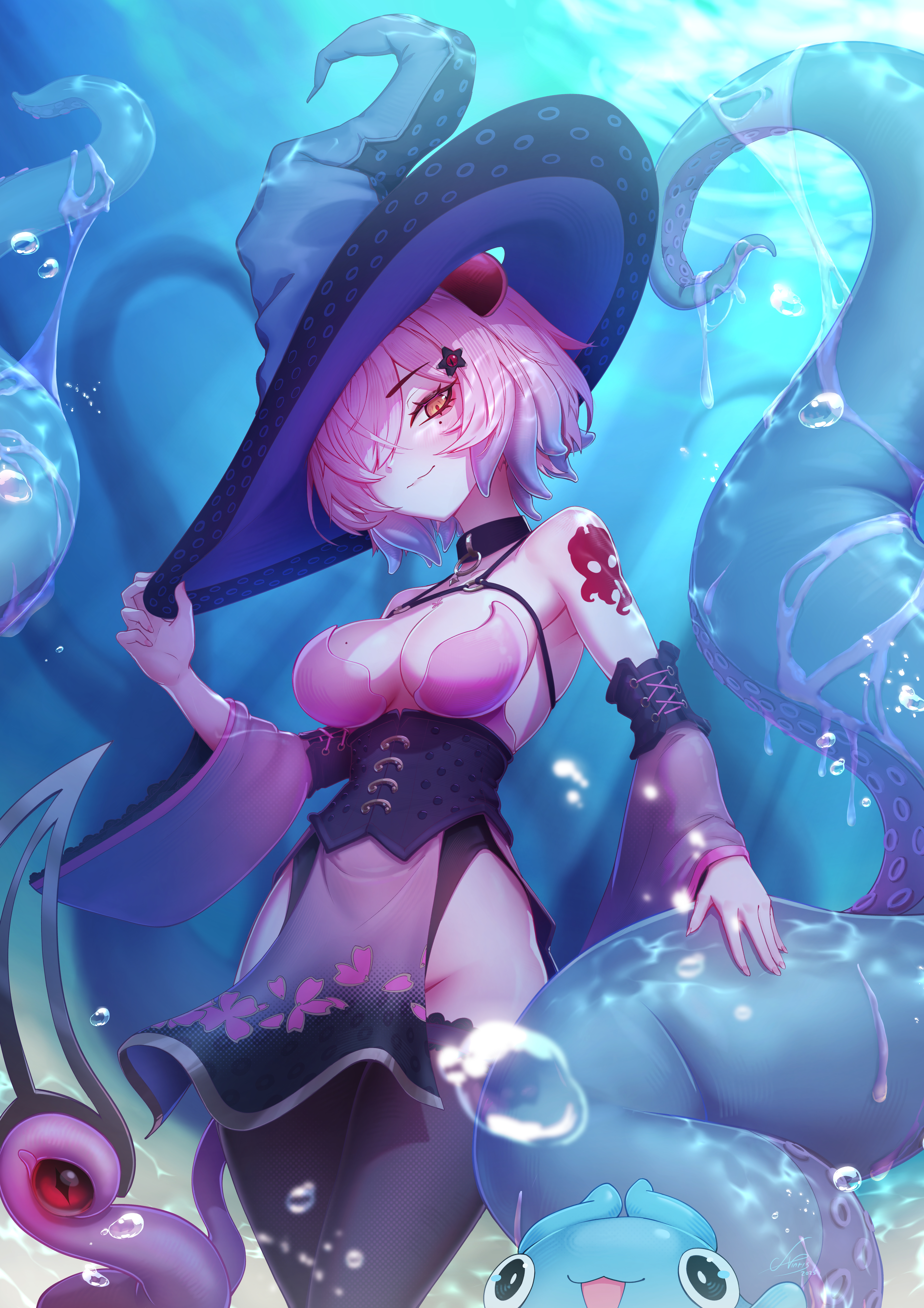 allister vinris, indie virtual youtuber, absurdres, highres, 1girl, arm tattoo, black corset, black leotard, black thighhighs, breasts, corset, detached sleeves, hair over one eye, hat, horns, iomaya (vtuber), leotard, looking at viewer, medium breasts, medium hair, monster girl, pelvic curtain, pendant choker, pink eyes, pink hair, pink horns, pink nails, scylla, solo, suction cups, tattoo, tentacle hair, tentacles, thighhighs, virtual youtuber, witch hat