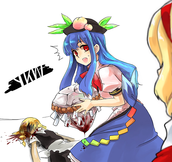 alice margatroid, hinanawi tenshi, kirisame marisa, touhou, artist request, non-web source, 3girls, ^^^, blonde hair, blood, blue hair, female focus, food, food as clothes, fruit, hat, kaname-ishi, long hair, multiple girls, peach, red eyes, ribbon, rock, rope, shide, shimenawa