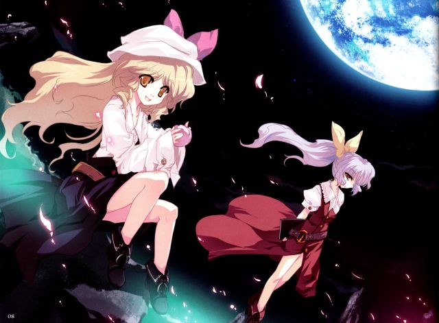tokiame, watatsuki no toyohime, watatsuki no yorihime, silent sinner in blue, touhou, 2girls, blonde hair, book, female focus, long hair, moon, multiple girls, ribbon, siblings, sisters