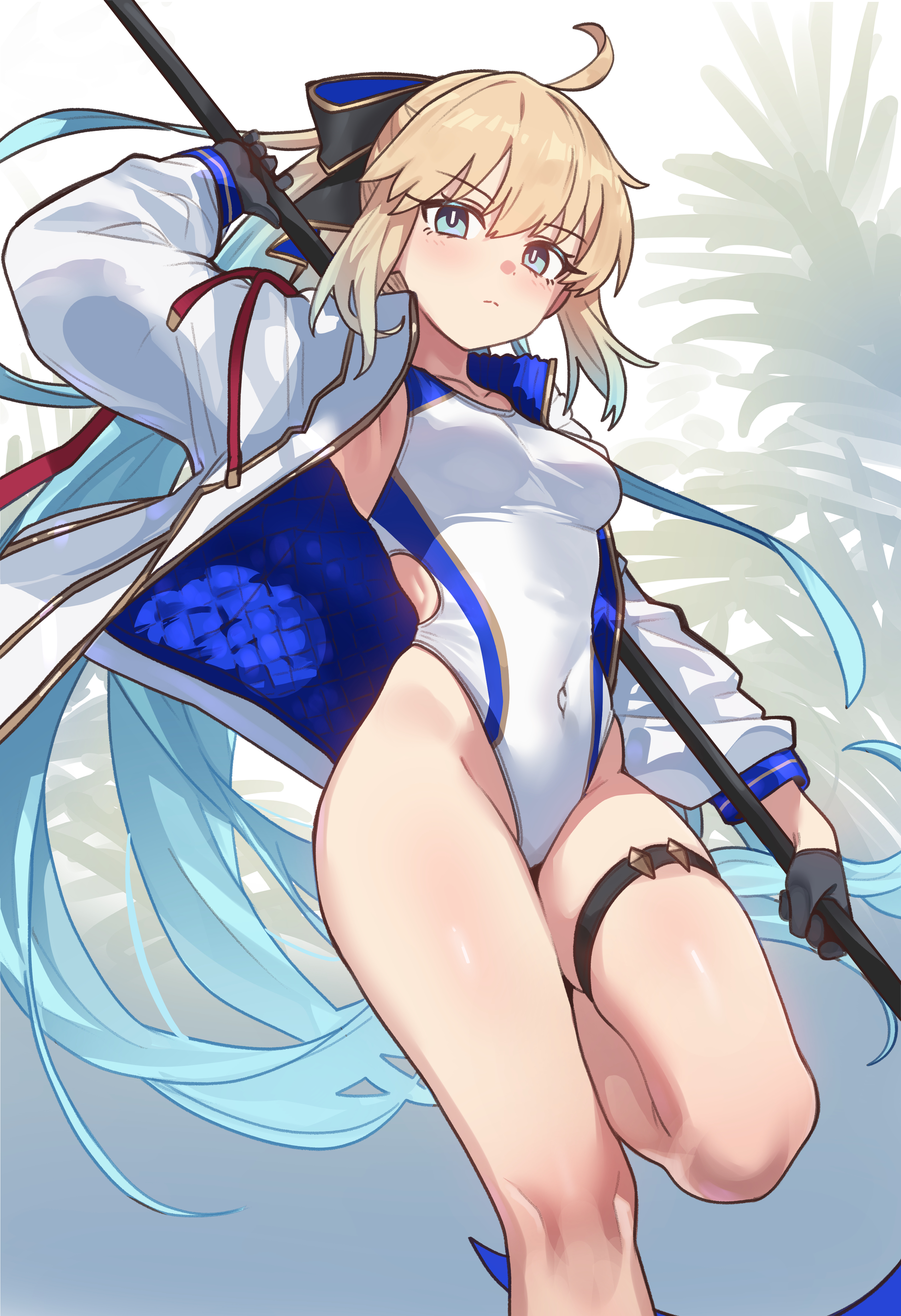 ebora, aesc (fate), aesc (savior) (fate), fate/grand order, fate (series), absurdres, bad link, highres, variant set, 1girl, ahoge, alternate costume, black bow, black gloves, blonde hair, blue eyes, blue hair, blue jacket, blue one-piece swimsuit, bow, breasts, competition swimsuit, covered navel, foot out of frame, gloves, gold trim, gradient hair, hair bow, highleg, highleg one-piece swimsuit, jacket, legs, long hair, long sleeves, looking at viewer, medium breasts, multicolored hair, one-piece swimsuit, open clothes, open jacket, palm tree, ponytail, solo, staff, swimsuit, thigh strap, thighs, tree, two-sided fabric, two-sided jacket, two-tone hair, two-tone one-piece swimsuit, very long hair, white jacket, white one-piece swimsuit