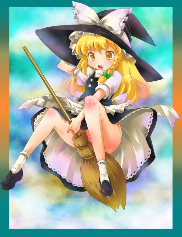 michii yuuki, kirisame marisa, touhou, 1girl, blonde hair, bloom, blush, broom, broom riding, female focus, full body, gradient background, hat, long hair, no panties, ribbon, skirt, solo