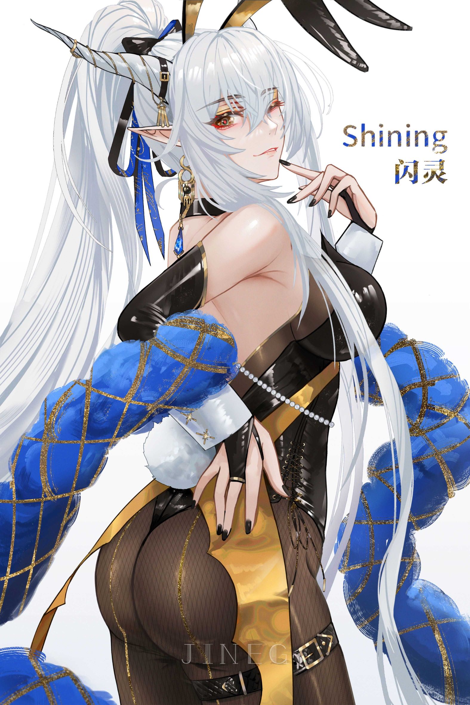 jineg, shining (arknights), arknights, commentary request, highres, 1girl, alternate costume, animal ears, ass, bare shoulders, belt, black choker, black leotard, black nails, black pantyhose, black ribbon, blue ribbon, breasts, choker, cowboy shot, detached sleeves, earrings, fake animal ears, grey eyes, hair between eyes, hair ribbon, high ponytail, horns, jewelry, large breasts, leotard, long hair, long sidelocks, looking at viewer, one eye closed, pantyhose, parted lips, playboy bunny, pointy ears, ponytail, rabbit tail, red pupils, ribbon, sidelocks, solo, strapless, strapless leotard, tail, thigh belt, thigh strap, two-tone ribbon, very long hair, white background, white hair