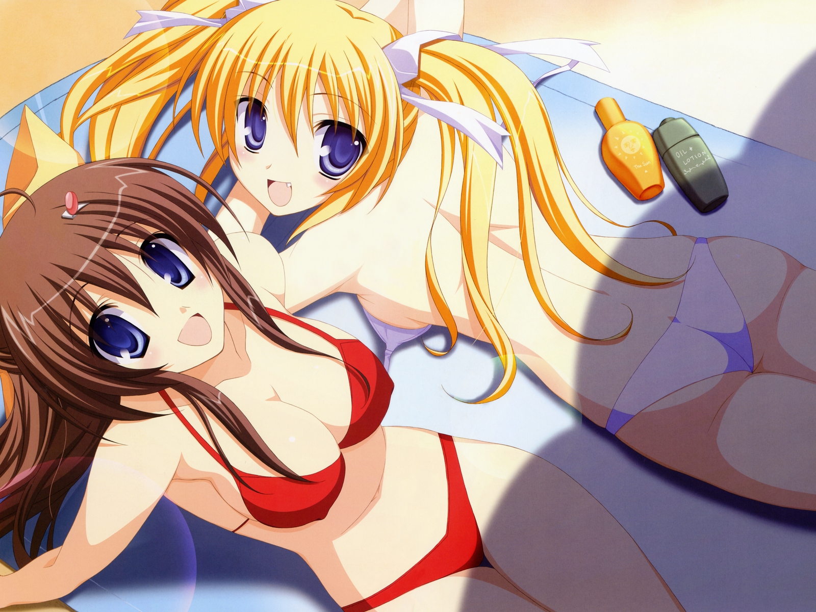 inuzumi masaki, mochida nao, tooyama izumi, step x steady, highres, 2girls, bikini, blonde hair, blue eyes, breasts, brown hair, cleavage, covered erect nipples, fang, large breasts, long hair, multiple girls, open mouth, ribbon, sideboob, swimsuit, twintails, untied bikini