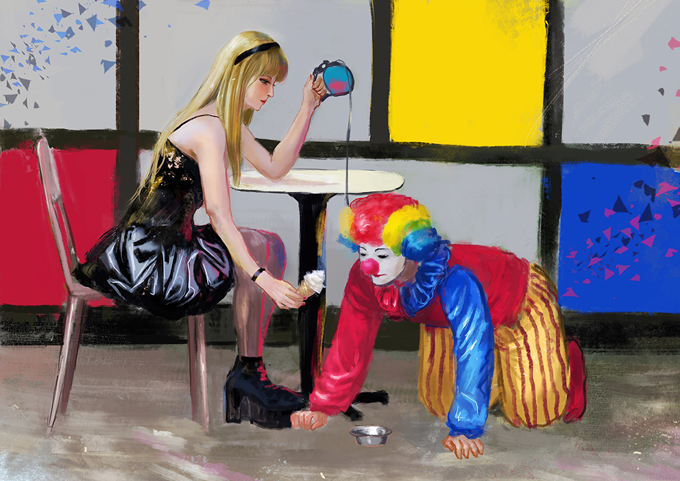amibazh, original, 1boy, 1girl, all fours, asymmetrical sleeves, black corset, black dress, black hairband, black shoes, blonde hair, bowl, chair, clown, clown nose, corset, dress, facepaint, food, grey pantyhose, hairband, holding, holding food, holding ice cream, holding leash, ice cream, leash, long hair, mismatched sleeves, multicolored hair, on chair, pants, pantyhose, pet bowl, rainbow hair, shoes, sitting, striped clothes, striped pants, table, yellow pants