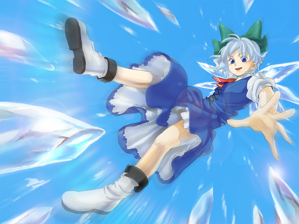 umishima senbon, cirno, shoot the bullet, touhou, bad id, bad pixiv id, 1girl, female focus, smile, solo
