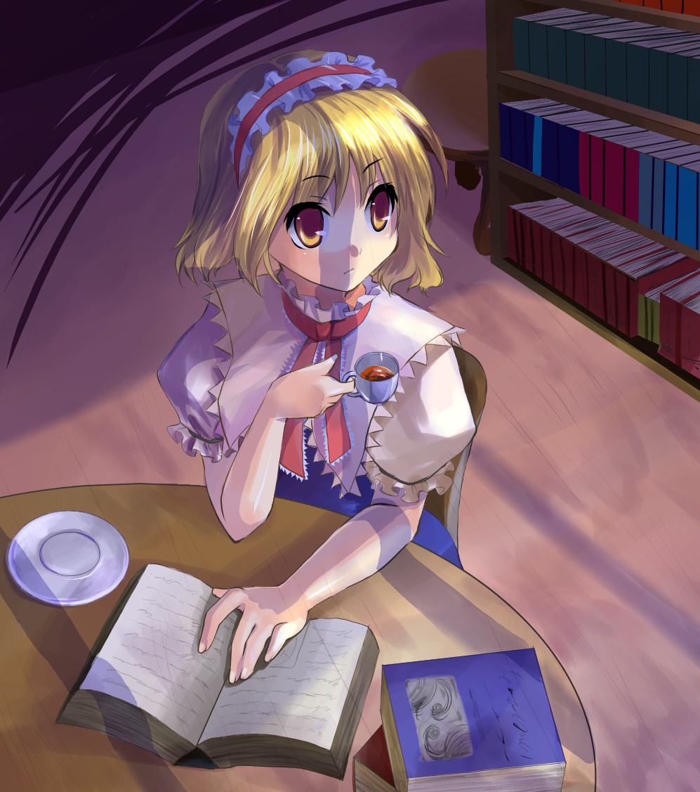 kobanzame, alice margatroid, touhou, bad id, bad pixiv id, 1girl, blonde hair, book, bookshelf, brown eyes, capelet, cup, female focus, from above, hairband, open book, reading, short hair, sitting, solo, table, teacup, yellow eyes