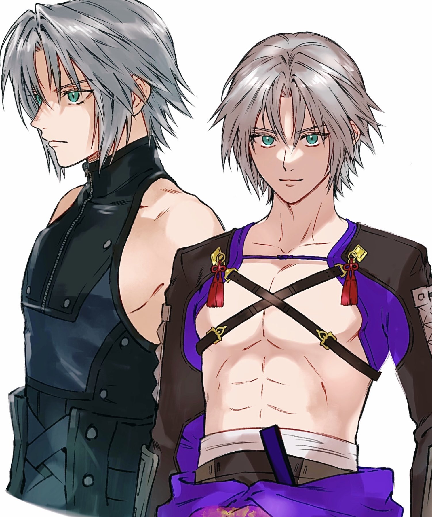 3wa tari, sephiroth, sephiroth (celebratory garb), sephiroth (edged wings), sephiroth (ever crisis), final fantasy, final fantasy vii, final fantasy vii ever crisis, highres, 1boy, abs, aqua eyes, black shirt, chest strap, grey hair, hair between eyes, japanese clothes, male focus, multiple views, official alternate costume, parted bangs, shirt, short hair, sleeveless, sleeveless turtleneck, solo, turtleneck, upper body, white background