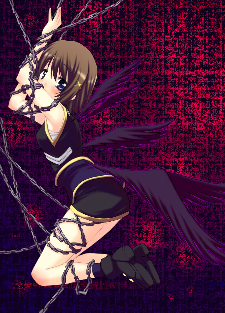 saki chisuzu, yagami hayate, lyrical nanoha, mahou shoujo lyrical nanoha, mahou shoujo lyrical nanoha strikers, 00s, 1girl, armpits, black wings, blue eyes, brown hair, chain, female focus, hair ornament, solo, wings, x hair ornament