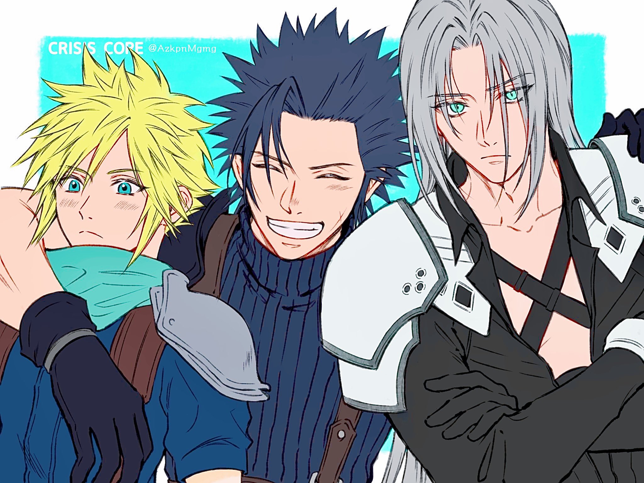 3wa tari, cloud strife, sephiroth, zack fair, crisis core final fantasy vii, final fantasy, final fantasy vii, highres, 3boys, aqua background, aqua eyes, arm around neck, armor, black coat, black gloves, black hair, blonde hair, blue shirt, blush, border, chest strap, closed eyes, coat, crossed arms, gloves, green scarf, grey hair, grin, hair between eyes, hair slicked back, long hair, male focus, multiple boys, parted bangs, pauldrons, scarf, shinra infantry uniform, shirt, short hair, shoulder armor, sleeveless, sleeveless turtleneck, smile, spiked hair, suspenders, teeth, turtleneck, upper body, white border