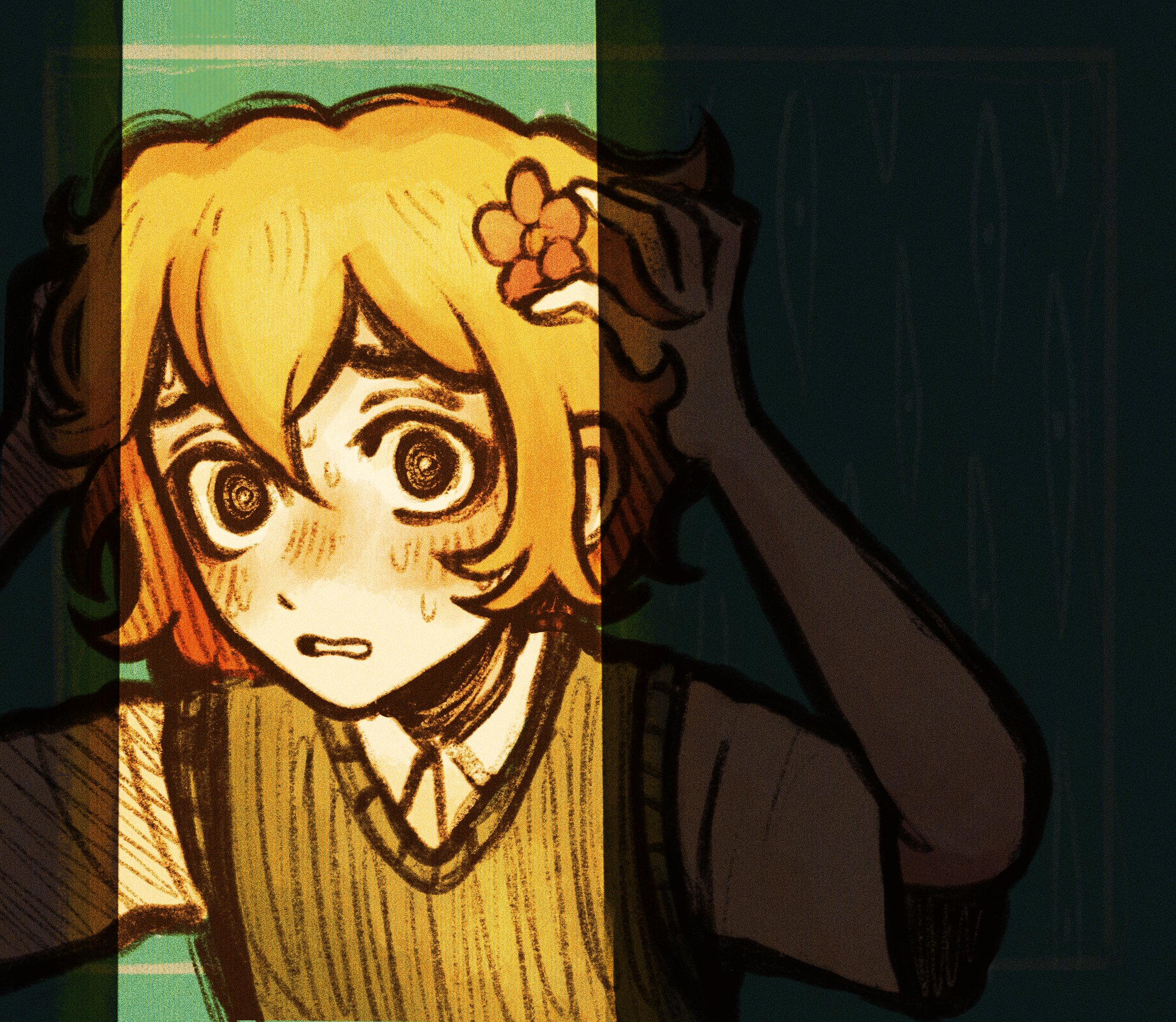 ottie pops, basil (faraway) (omori), basil (omori), omori, highres, 1boy, alternate eye color, arms up, black eyes, blonde hair, blush, collared shirt, double-parted bangs, flower, green sweater vest, hair flower, hair ornament, hands on own head, looking at viewer, male focus, parted lips, shirt, short hair, short sleeves, sidelocks, solo, sweat, sweater vest, upper body, white shirt