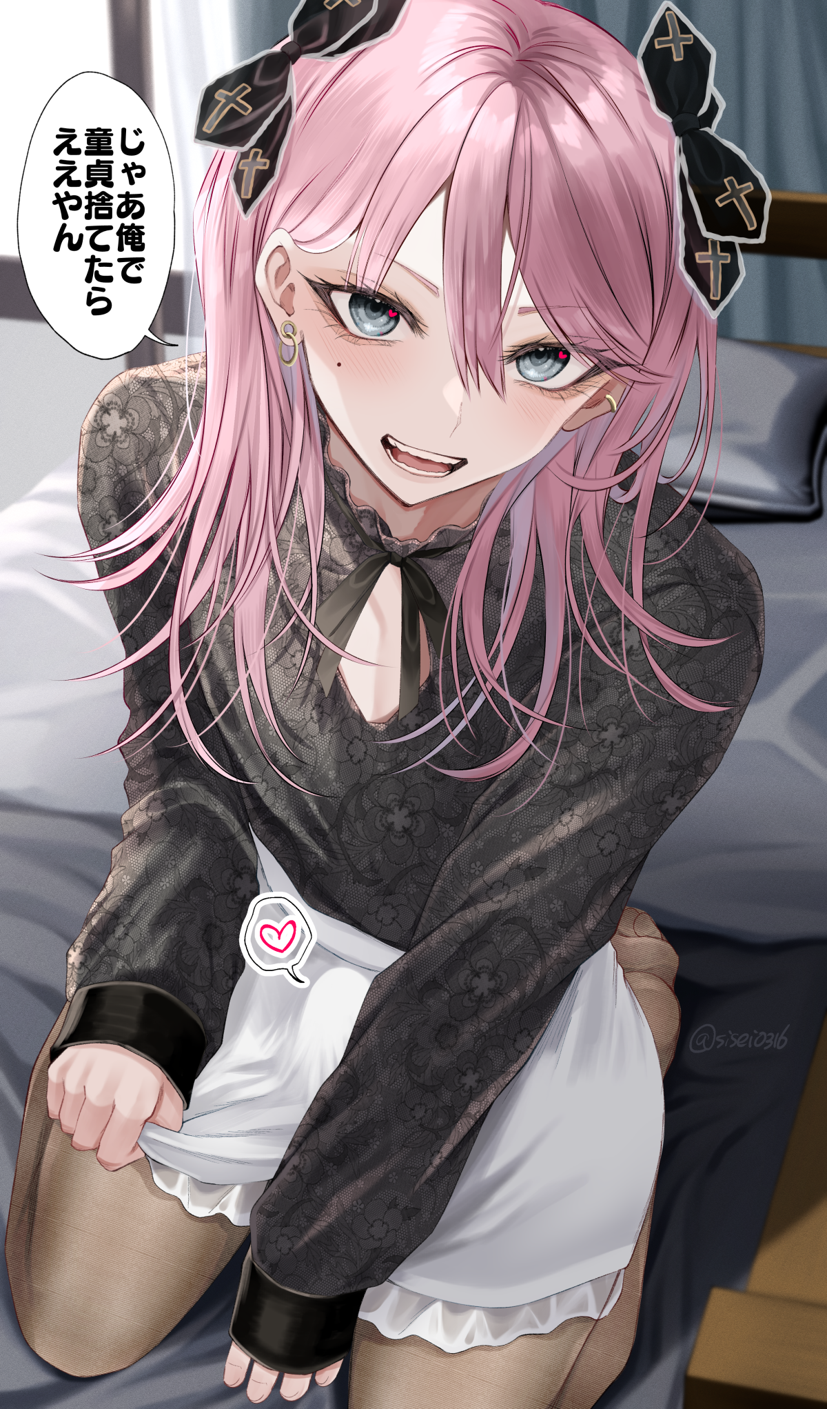 shisei (kyuushoku banchou), original, highres, translated, 1boy, between legs, black ribbon, black shirt, blush, brown pantyhose, bulge, cleavage cutout, clothes grab, clothing cutout, cross, cross print, crossdressing, crossdressing (mtf), curled fingers, curtains, ear piercing, earlobe stretcher, earrings, erection, erection under clothes, feet, frilled shirt, frilled skirt, frills, grey eyes, hair behind ear, hair between eyes, hair ribbon, hand between legs, heart, heart in eye, indoors, jewelry, lace shirt, long hair, looking at another, looking at viewer, makeup, male focus, miniskirt, mole, mole on cheek, neck ribbon, on bed, open mouth, pantyhose, parted bangs, piercing, pillow, pink hair, pov, ribbon, seiza, shirt, sitting, skirt, skirt grab, sleeves past wrists, soles, solo, speech bubble, straight hair, symbol in eye, teeth, thighs, toes, trap, two side up, upturned eyes, white skirt, window
