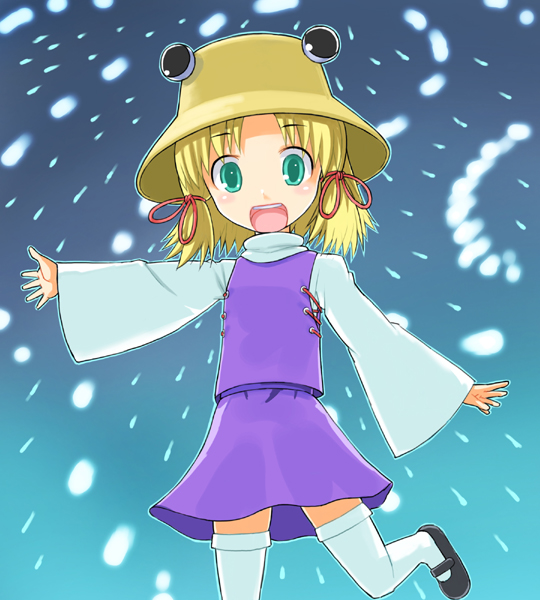 yuugiri (artist), yuugiri (illustyard), yuugiri (u-slash), moriya suwako, touhou, bad id, bad pixiv id, 1girl, blonde hair, danmaku, female focus, hat, ribbon, short hair, solo, thighhighs
