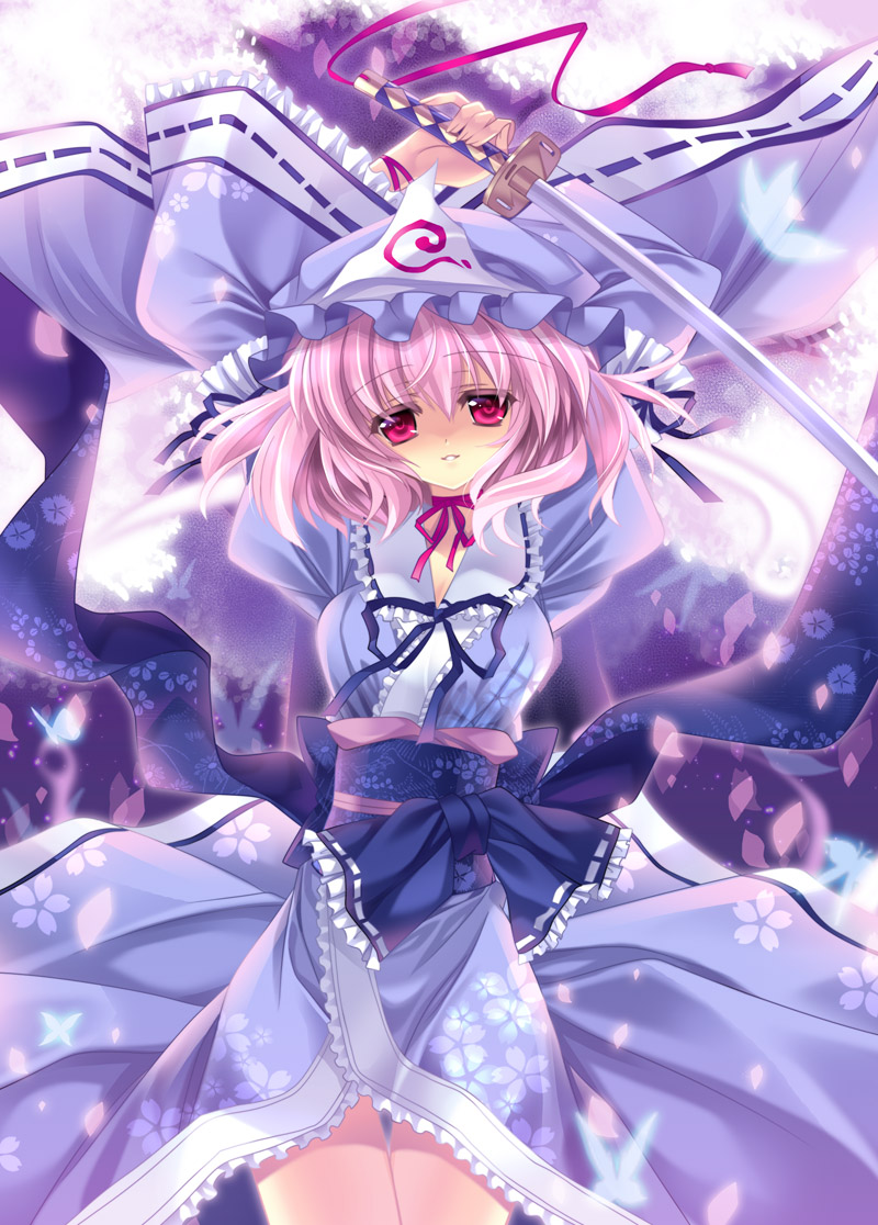 capura lin, saigyouji yuyuko, touhou, 1girl, breasts, dress, female focus, hat, japanese clothes, katana, kimono, pink hair, ribbon, short hair, solo, sword, weapon
