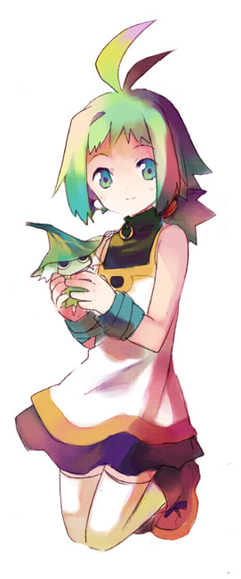 marona (phantom brave), putty, putty (phantom brave), phantom brave, 1girl, bike shorts, creature, dress, female focus, full body, green eyes, green hair, holding, kneeling, looking at viewer, short hair, simple background, solo, thighhighs, white background, white dress