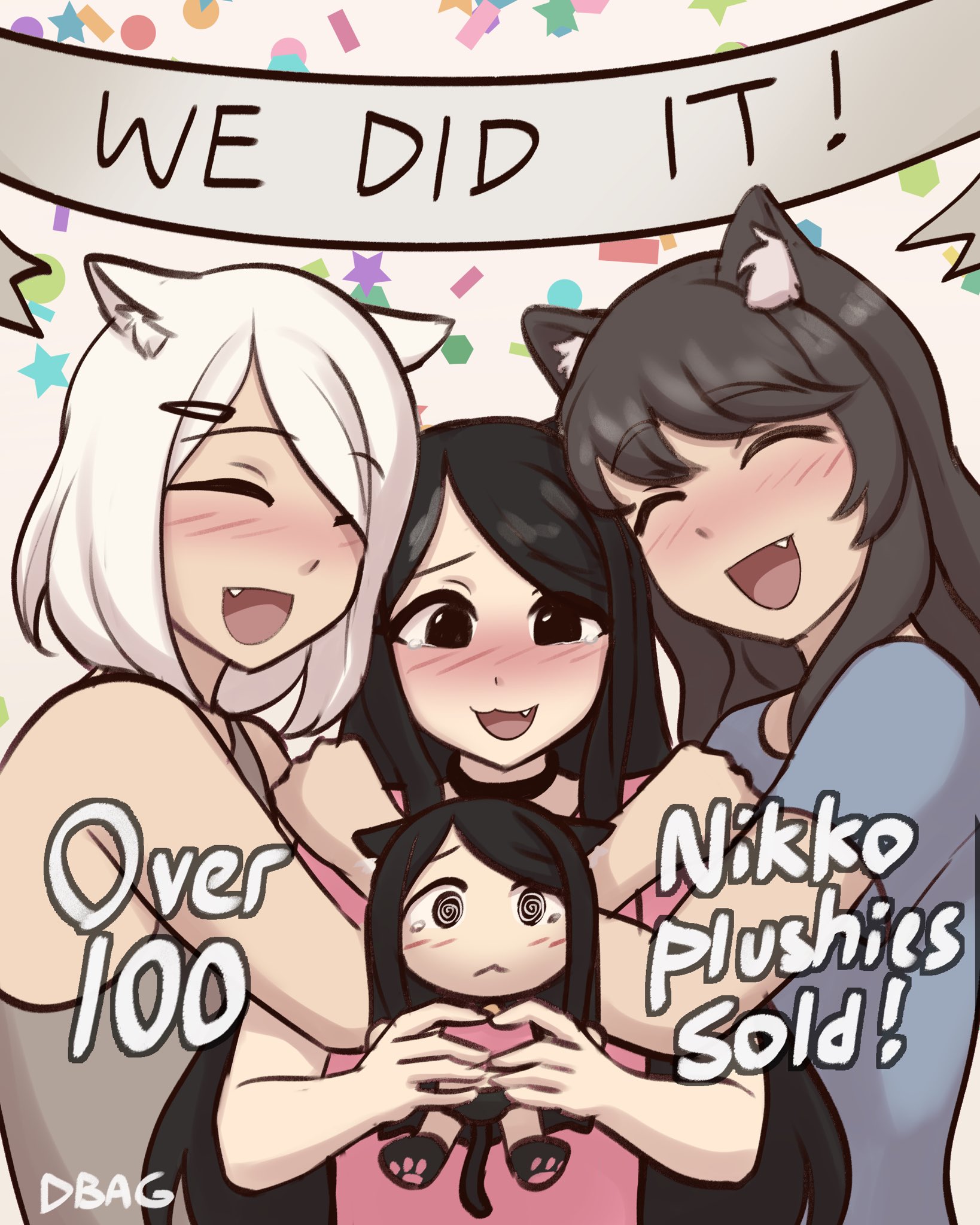 dbag (dbagdraws), molly (dbag), nikko (dbag), original, commentary, english commentary, highres, 1boy, 2girls, :d, animal ears, black choker, black eyes, black hair, blue shirt, blush, cat ears, cat girl, character doll, choker, closed eyes, doll, english text, fang, grey shirt, happy, holding, holding doll, hug, long hair, looking at viewer, mia (dbag), multiple girls, open mouth, parted bangs, pink shirt, shirt, short hair, short sleeves, sleeveless, sleeveless shirt, smile, swept bangs, tearing up, trap, white hair