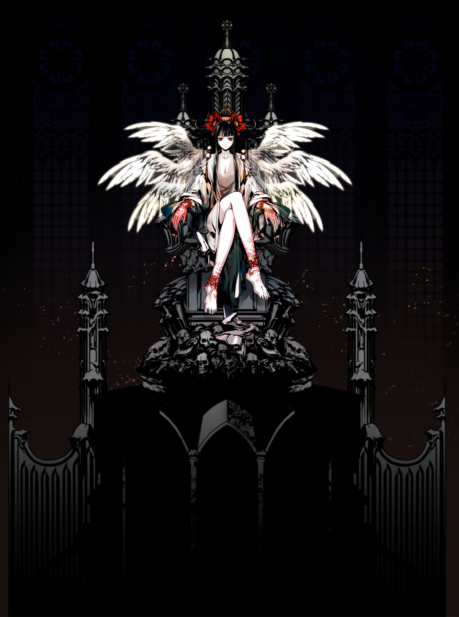 djmax, djmax portable, highres, non-web source, 1girl, angel, black hair, dark, female focus, long hair, multiple wings, red eyes, seraph, solo, wings