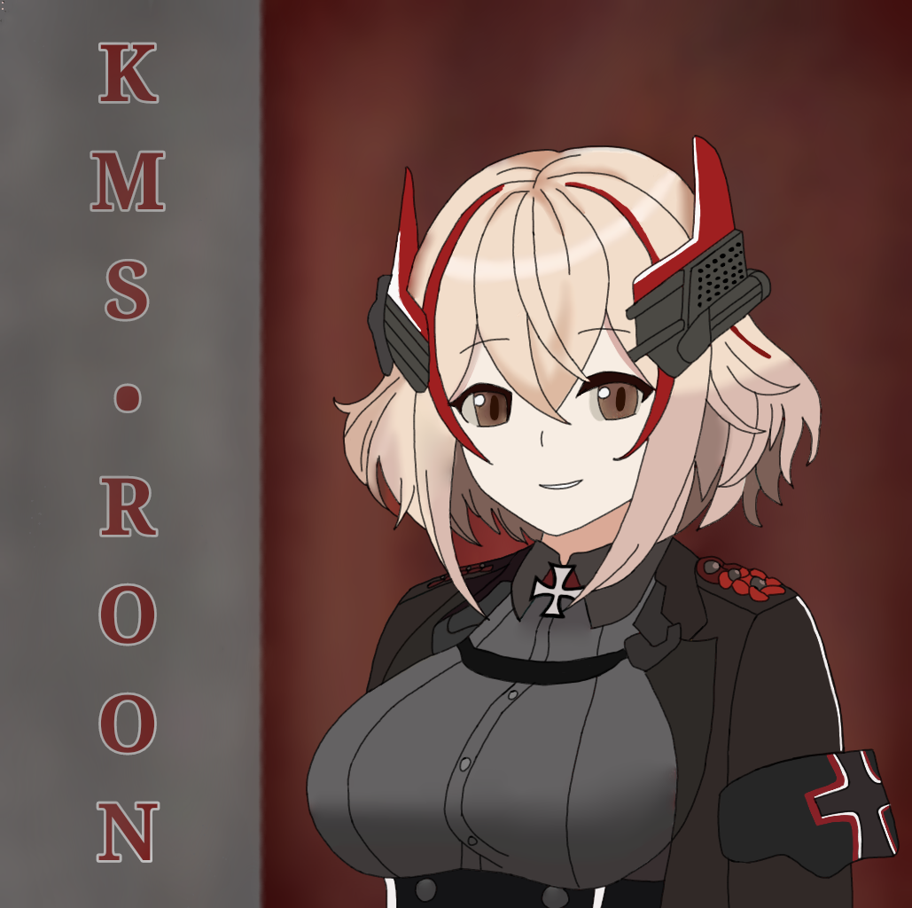 roon (azur lane), azur lane, non-web source, self-upload, 1girl, black jacket, blonde hair, breasts, collared shirt, grey background, grey shirt, grin, horns, jacket, large breasts, long sleeves, looking at viewer, mechanical horns, neozin, red background, shirt, short hair, smile, solo, standing